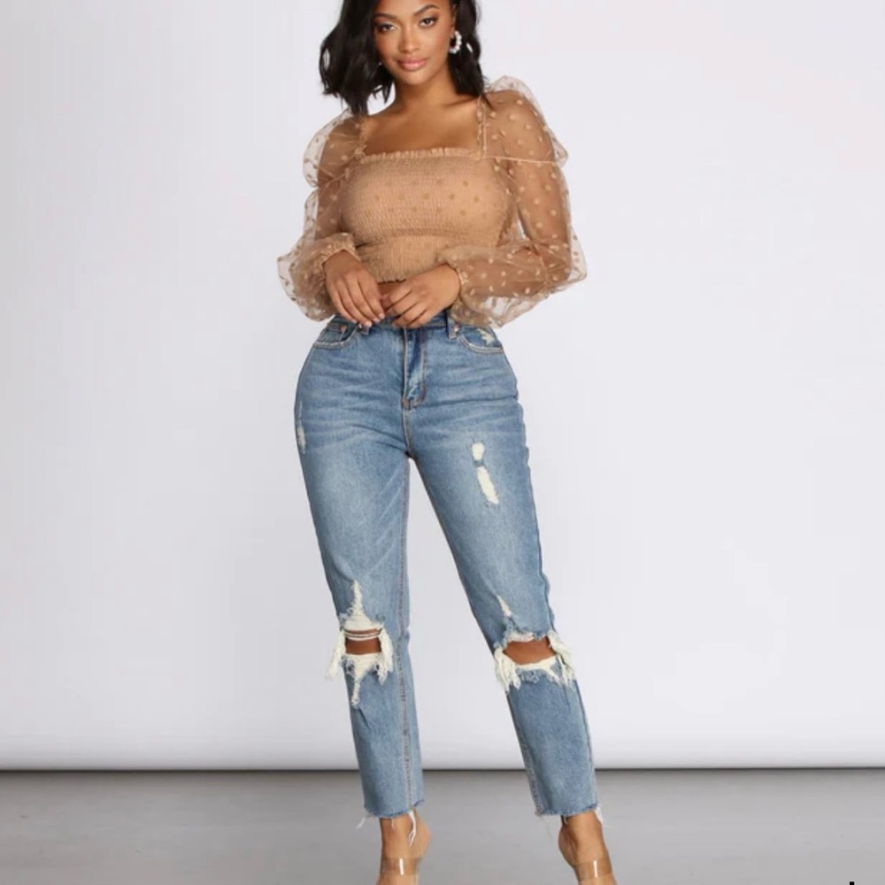 Women’s Nude Polka Dot Sheer Puff Sleeve Top